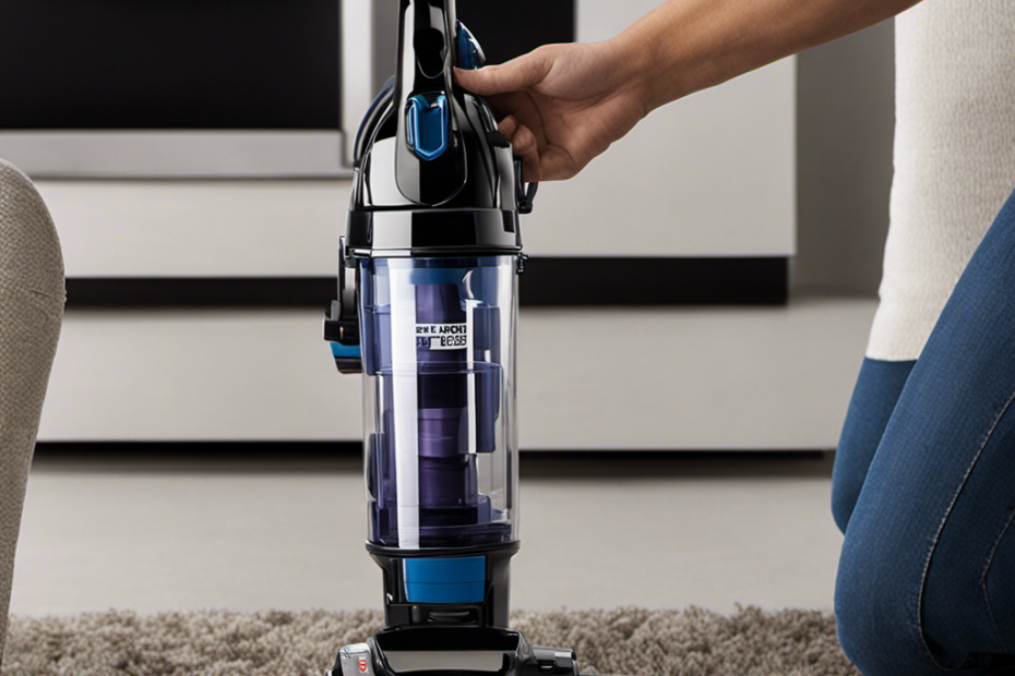 An image showcasing a hand-held vacuum cleaner with a rotating brush head, effectively removing pet hair from car carpet