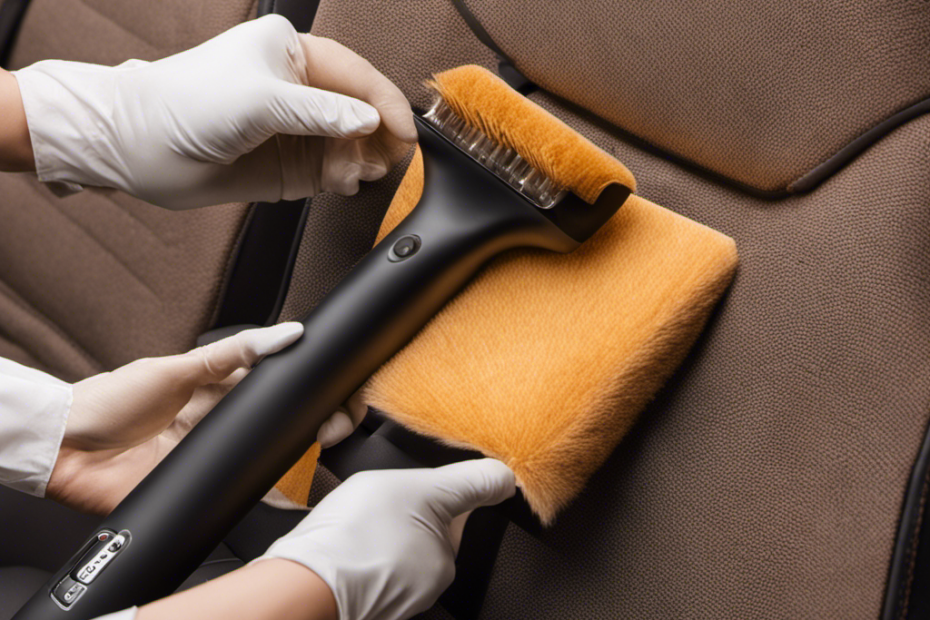 An image showcasing a pair of gloved hands gently gliding a lint roller over the textured surface of a car seat, capturing every strand of pet hair