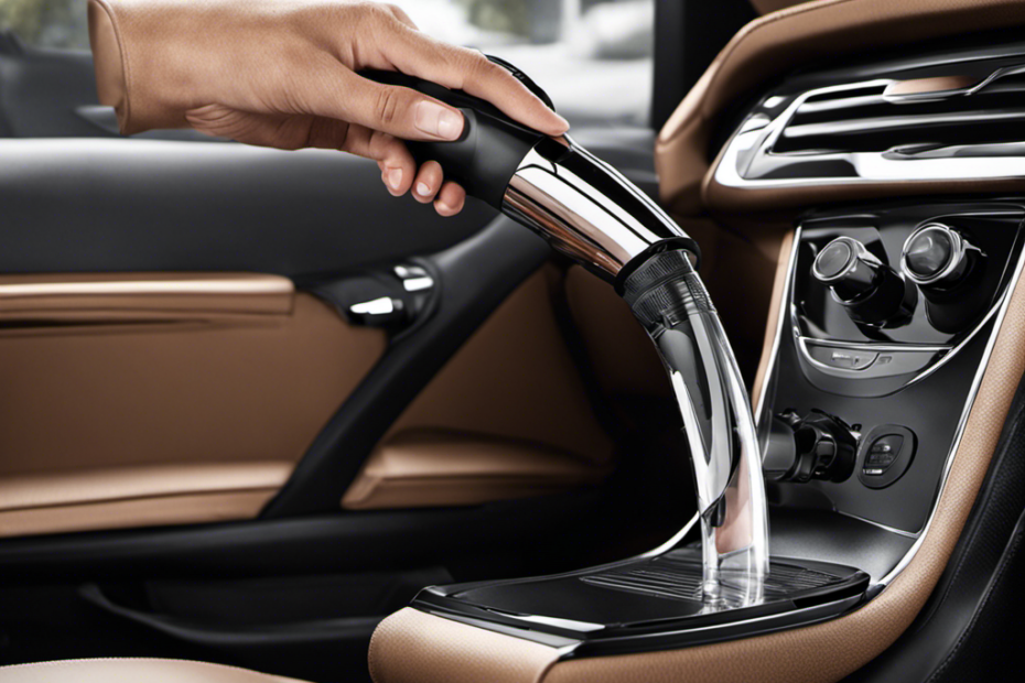 An image showcasing a hand-held vacuum cleaner with a powerful suction nozzle, effortlessly removing stubborn pet hair from car upholstery
