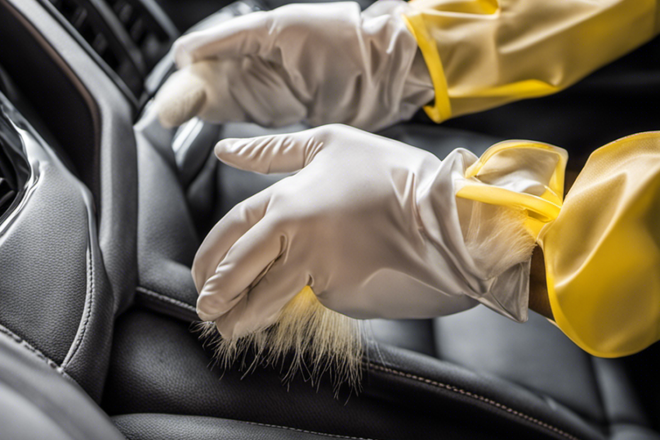 An image showcasing a person using a rubber glove to remove pet hair from car upholstery