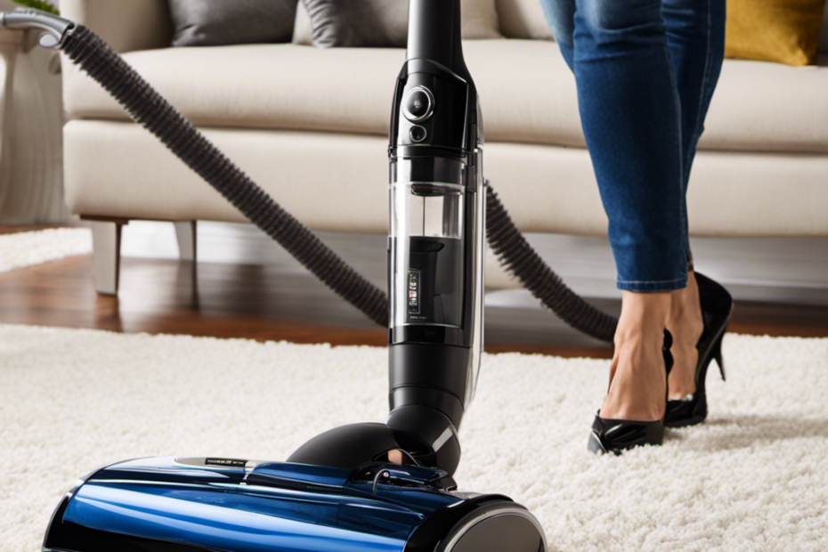 An image showcasing a vacuum cleaner with specialized pet hair attachment gliding effortlessly across a plush carpet, capturing every strand of fur