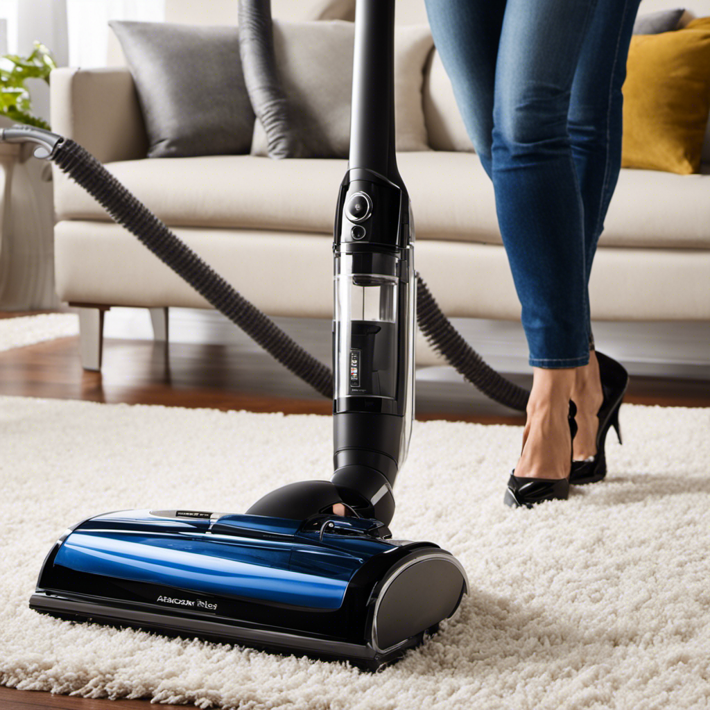 An image showcasing a vacuum cleaner with specialized pet hair attachment gliding effortlessly across a plush carpet, capturing every strand of fur