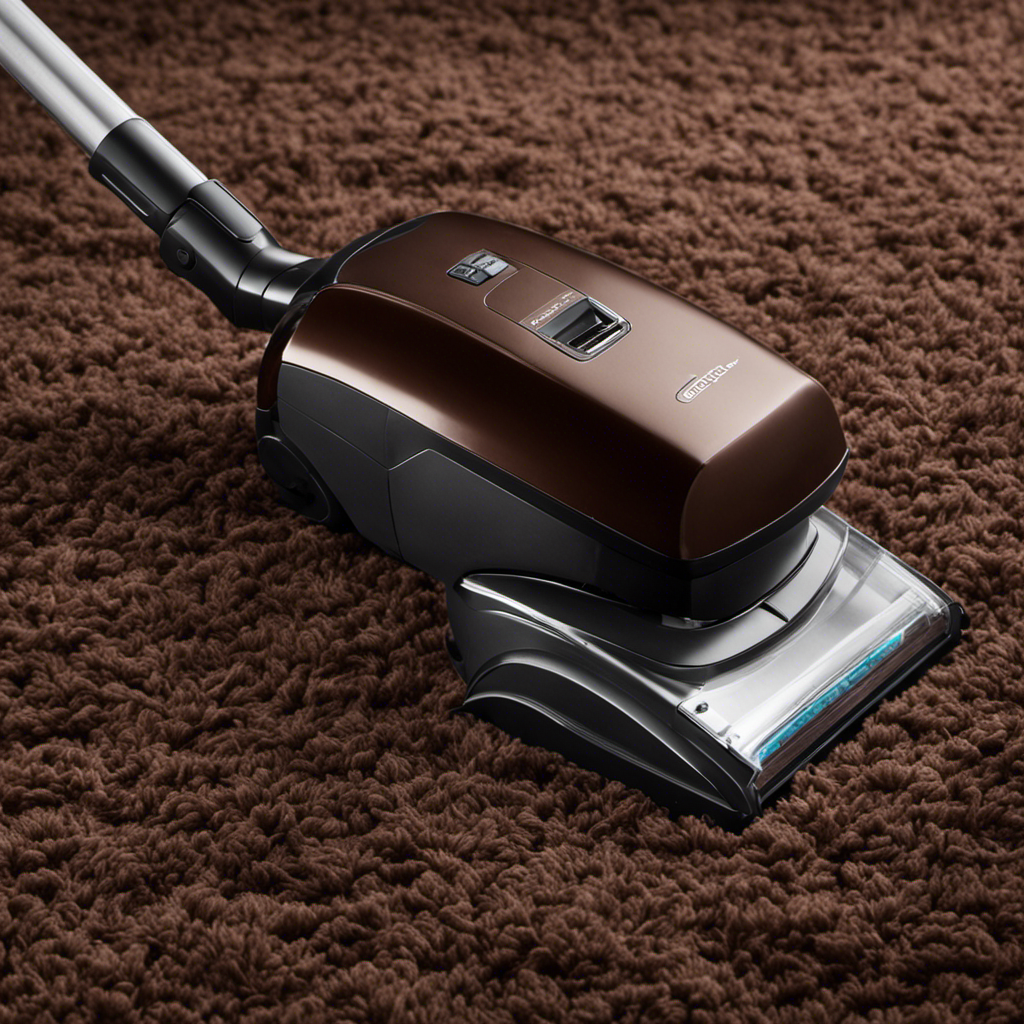 An image showcasing a hand-held vacuum cleaner gliding effortlessly over plush, chocolate-brown carpet fibers, effortlessly lifting piles of stubborn pet hair