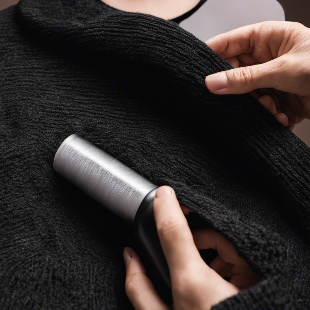 An image showcasing a hand sweeping a lint roller across a black sweater, capturing the removal of stubborn pet hair