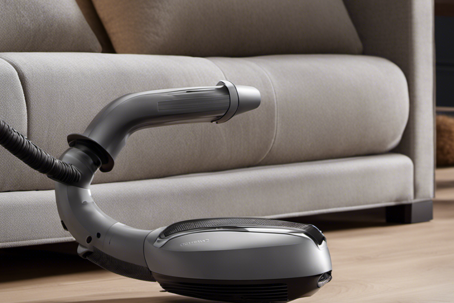 An image capturing a handheld vacuum cleaner effortlessly gliding over a plush couch, its powerful suction technology gently lifting and eradicating mounds of pet hair