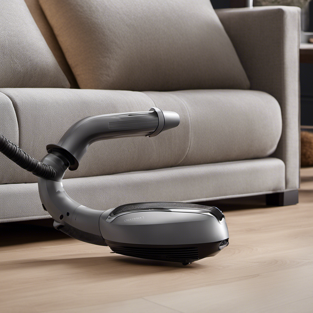 An image capturing a handheld vacuum cleaner effortlessly gliding over a plush couch, its powerful suction technology gently lifting and eradicating mounds of pet hair