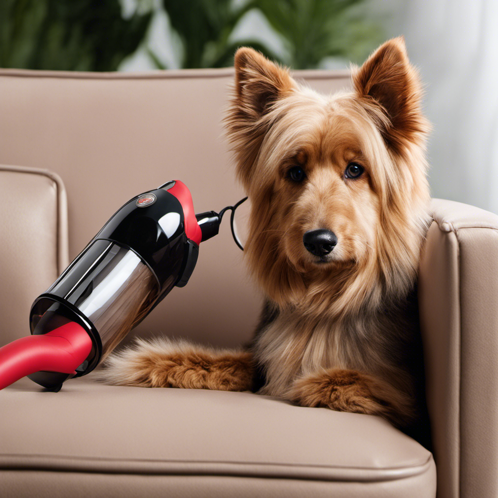 An image showcasing a person using a vacuum cleaner with a specialized pet hair attachment, meticulously removing every strand of fur from a plush couch