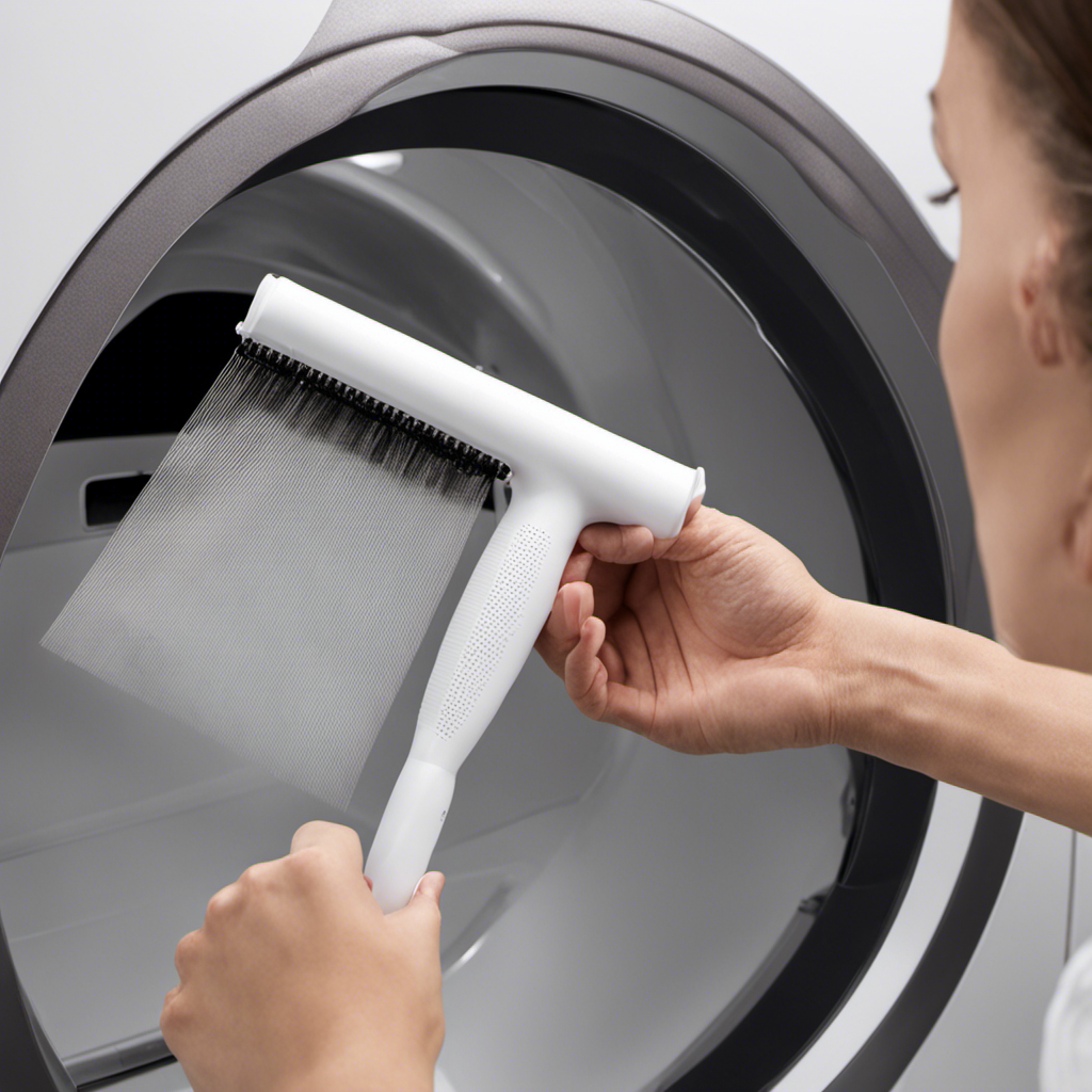 An image depicting a person using a lint roller to meticulously remove clumps of pet hair from the interior walls of a dryer