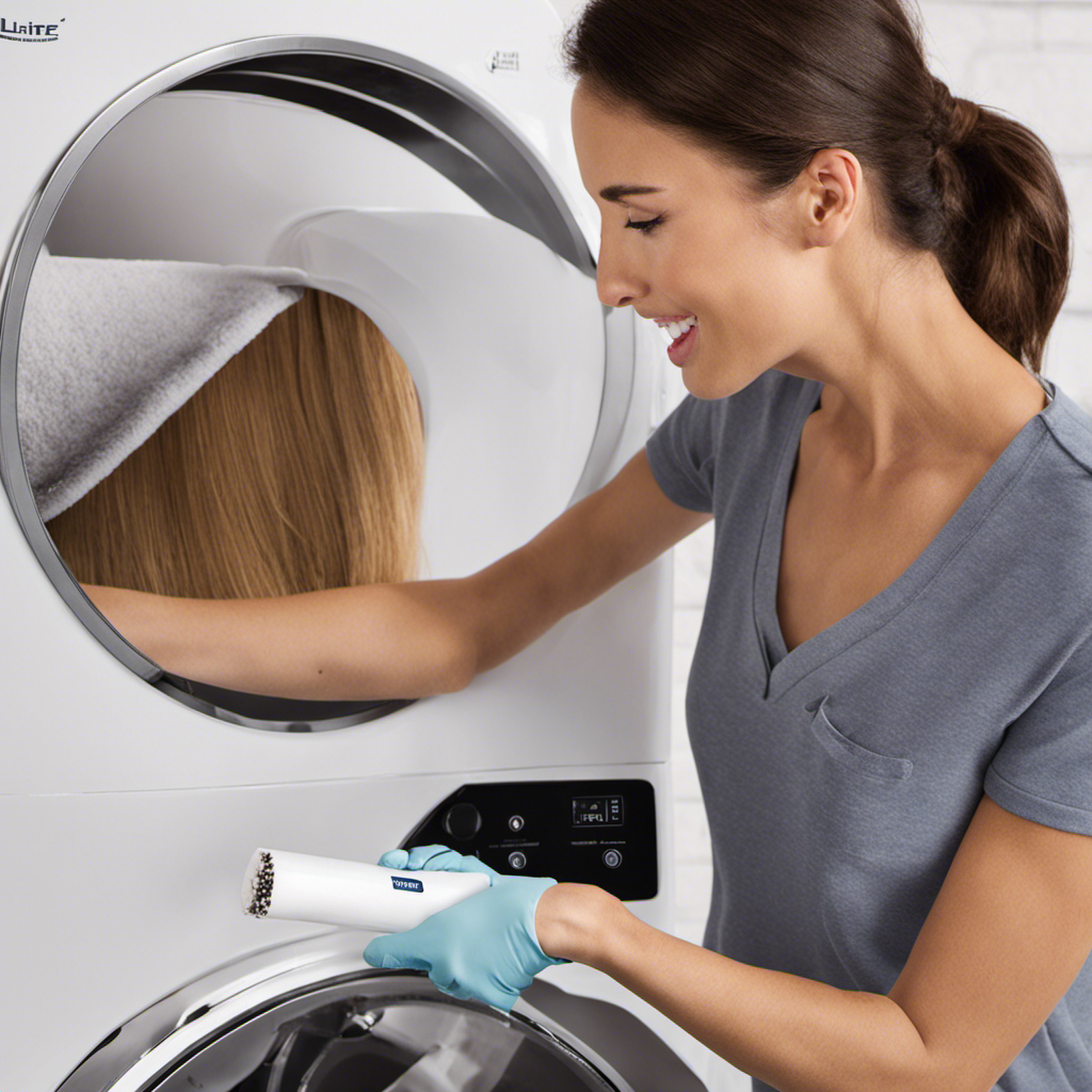 An image that showcases a person using a lint roller to remove clumps of pet hair from the inside of a dryer drum