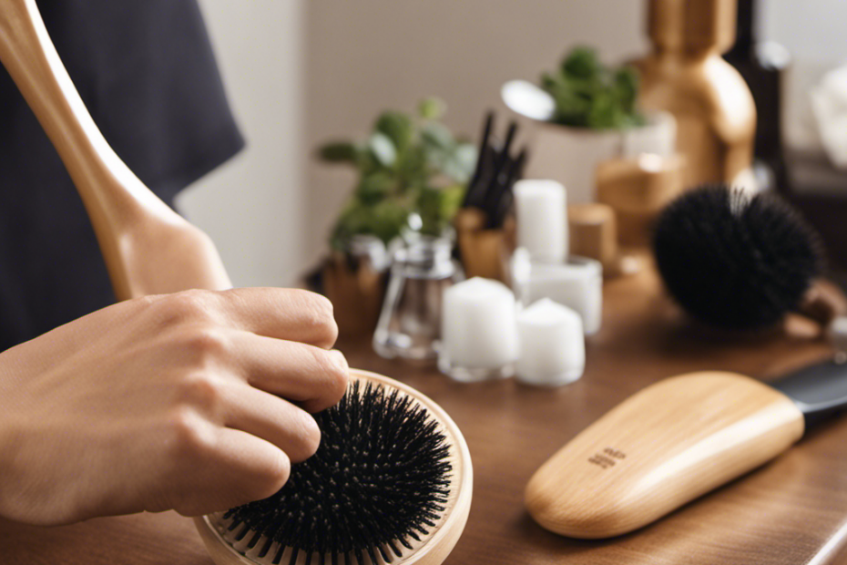 An image capturing a hand holding a hairbrush, with bristles coated in pet hair