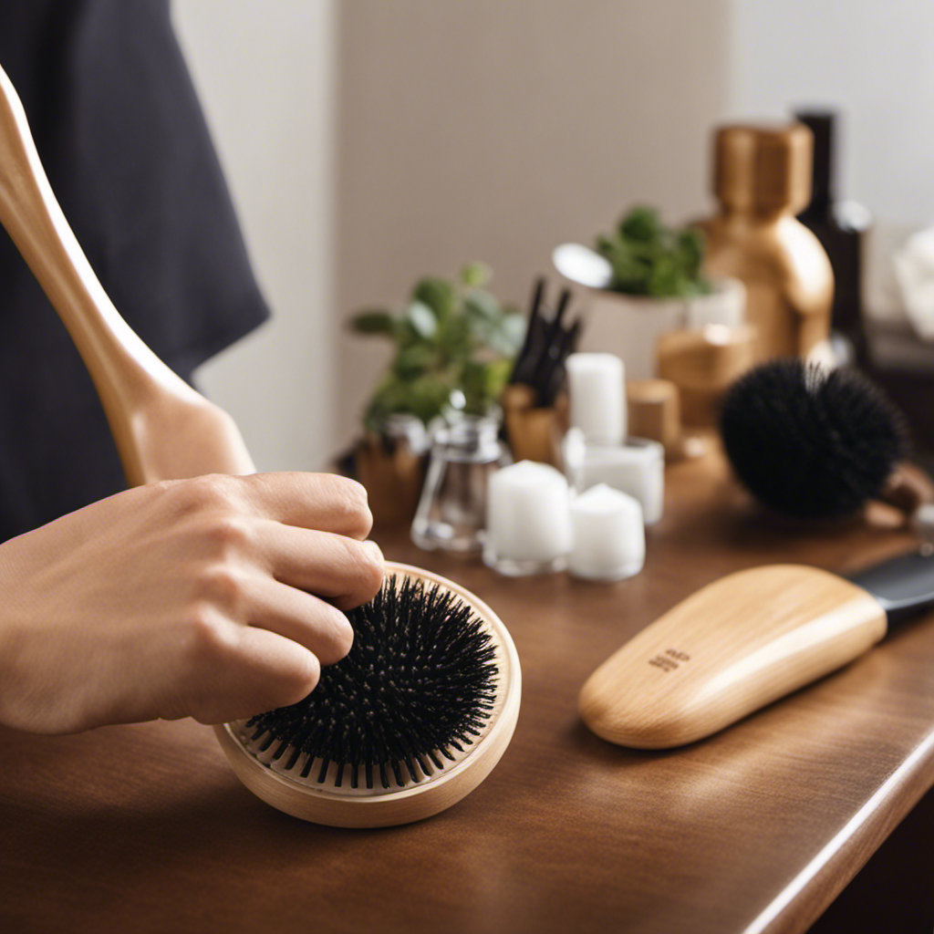 An image capturing a hand holding a hairbrush, with bristles coated in pet hair