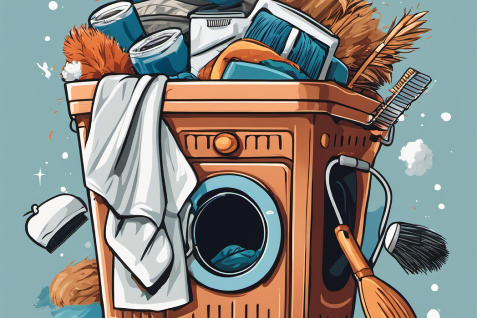 An image depicting a laundry basket overflowing with clothes covered in pet hair