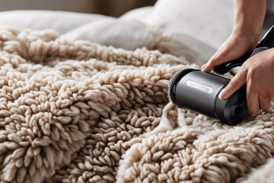 An image showcasing a person using a lint roller on a microfiber comforter, capturing the intricate texture of the fabric