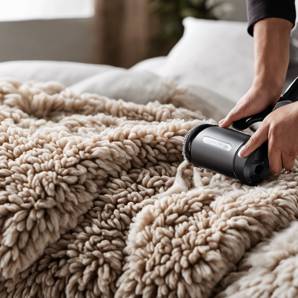 An image showcasing a person using a lint roller on a microfiber comforter, capturing the intricate texture of the fabric