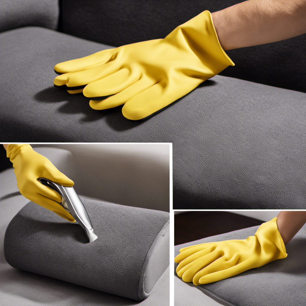 An image that showcases a person using a rubber glove to remove pet hair from a microfiber couch