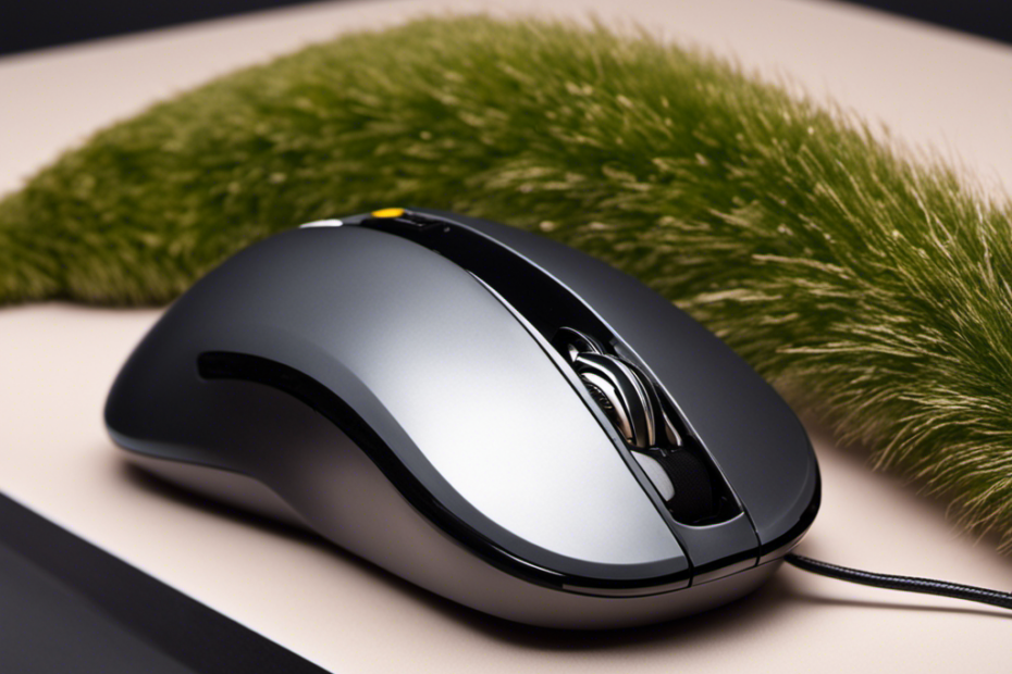 An image of a computer mouse covered in fluffy pet hair, with a vibrant, sticky lint roller nearby
