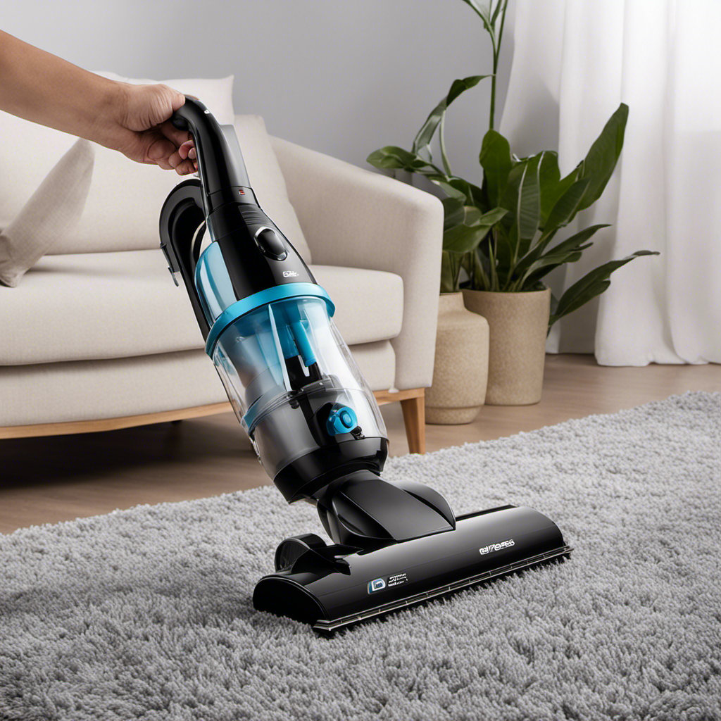 An image showcasing a hand-held vacuum cleaner with a rotating brush head effectively removing pet hair from a luxurious shag rug