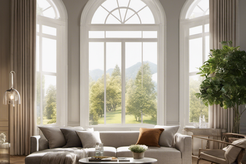 An image of a serene living room with a sunlit window, where a powerful vacuum is seen effortlessly sucking up floating pet hair particles