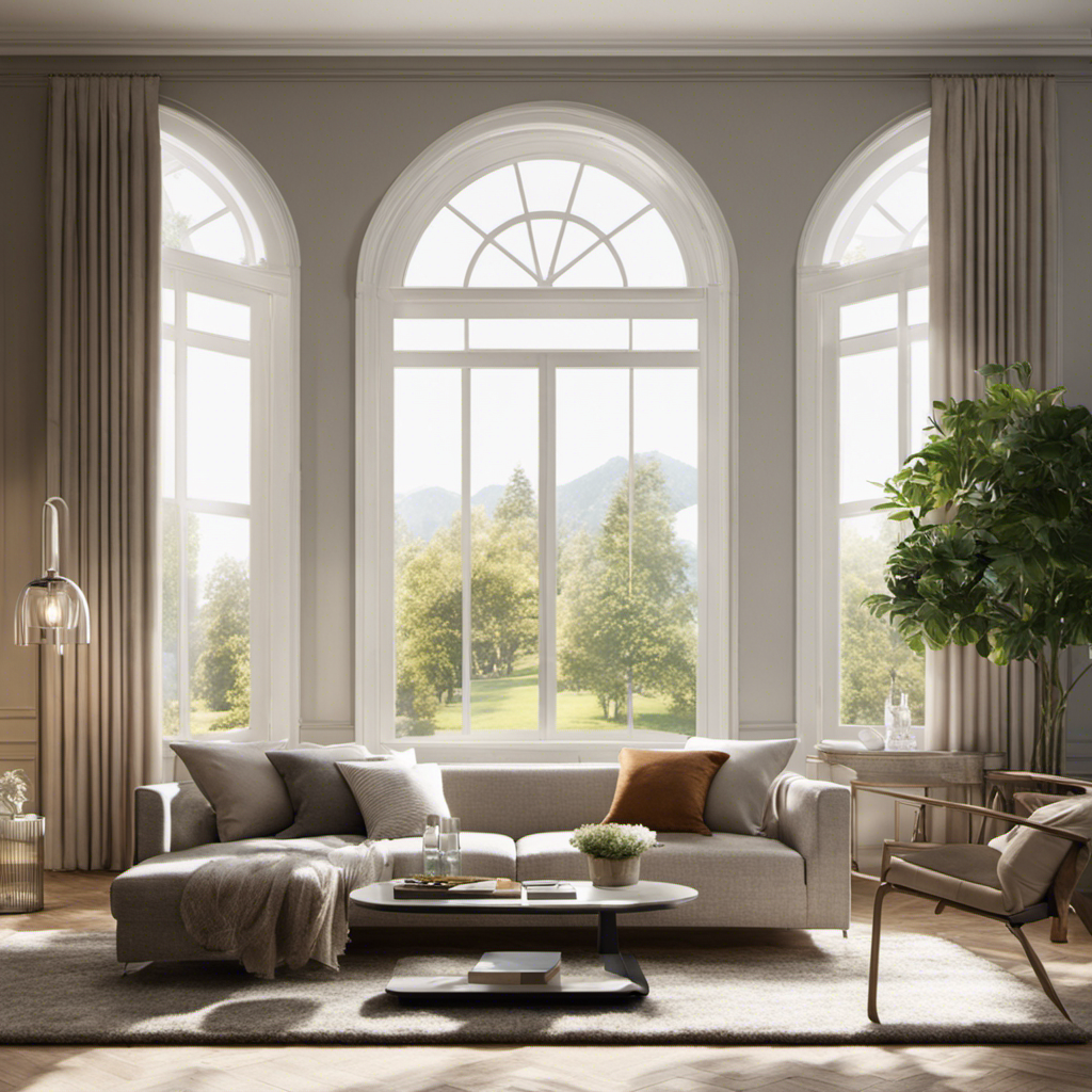 An image of a serene living room with a sunlit window, where a powerful vacuum is seen effortlessly sucking up floating pet hair particles
