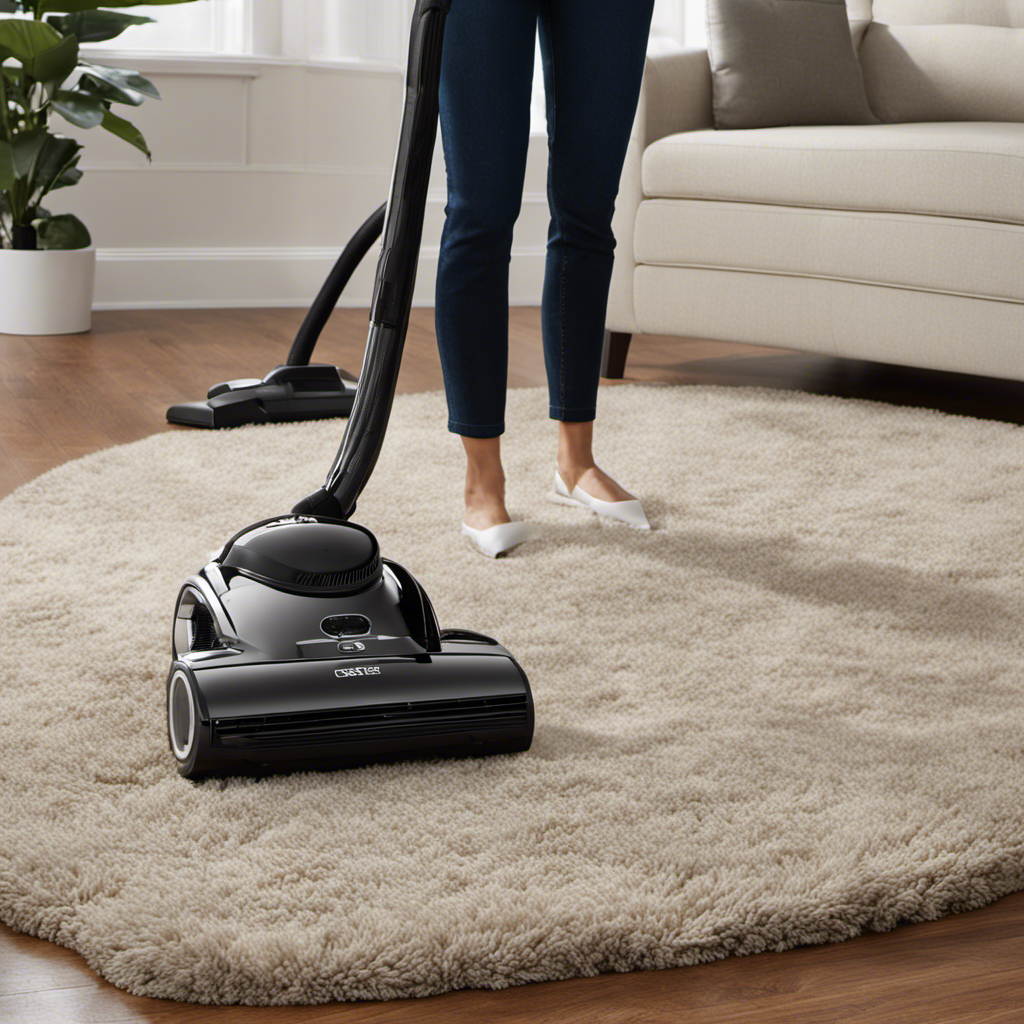 An image showcasing a person using a high-powered vacuum cleaner with a HEPA filter, effortlessly sucking up pet hair from various surfaces like carpets, furniture, and clothing