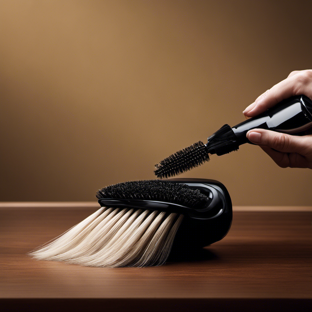 An image showcasing a hand removing tangled pet hair from a vacuum brush, with strands of fur visibly entwined in the bristles