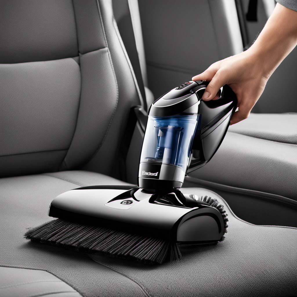 An image showcasing a hand vacuum with a powerful suction nozzle, effortlessly extracting pet hair from car upholstery