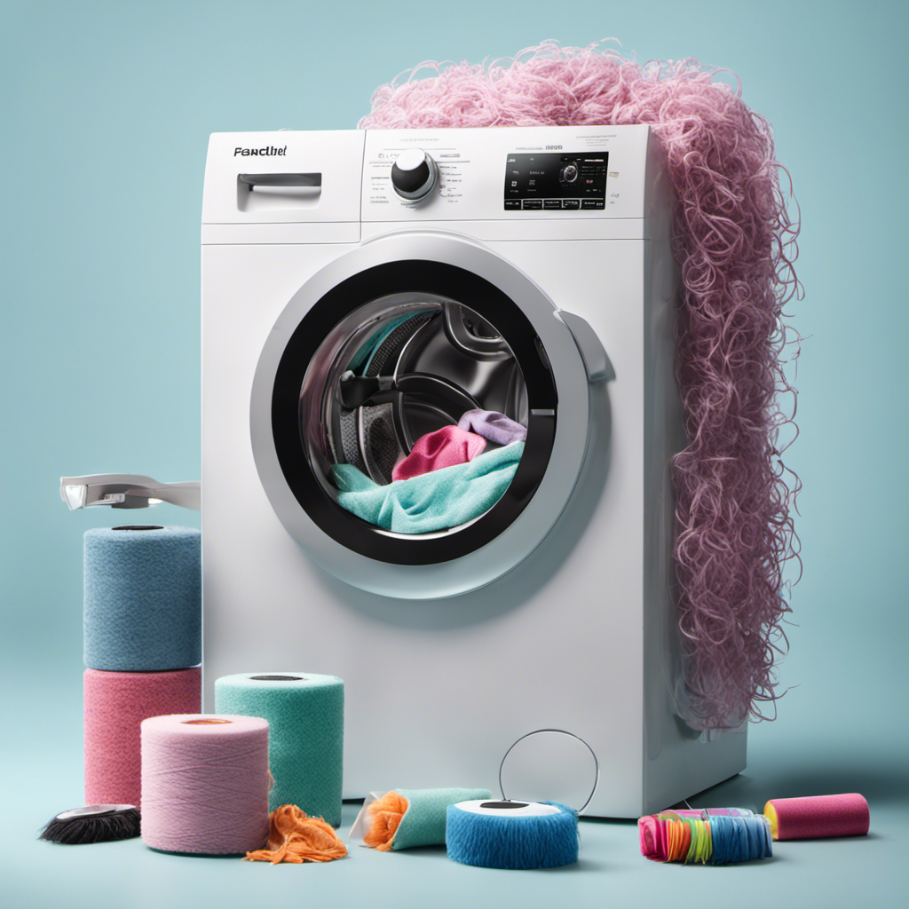 An image showing a washing machine filled with tangled pet hair, a lint roller nearby, a hand removing hair-covered clothes, and a clear, debris-free machine ready for use