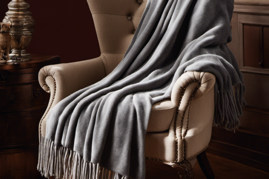 An image of a cozy wool blanket draped over a chair, adorned with vibrant pet hair