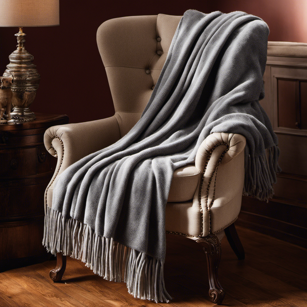An image of a cozy wool blanket draped over a chair, adorned with vibrant pet hair