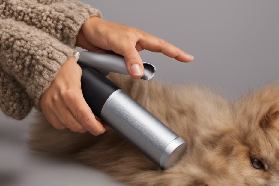 An image showcasing a hand-held lint roller gliding over a cozy, wool sweater, effortlessly removing an abundance of pet hair