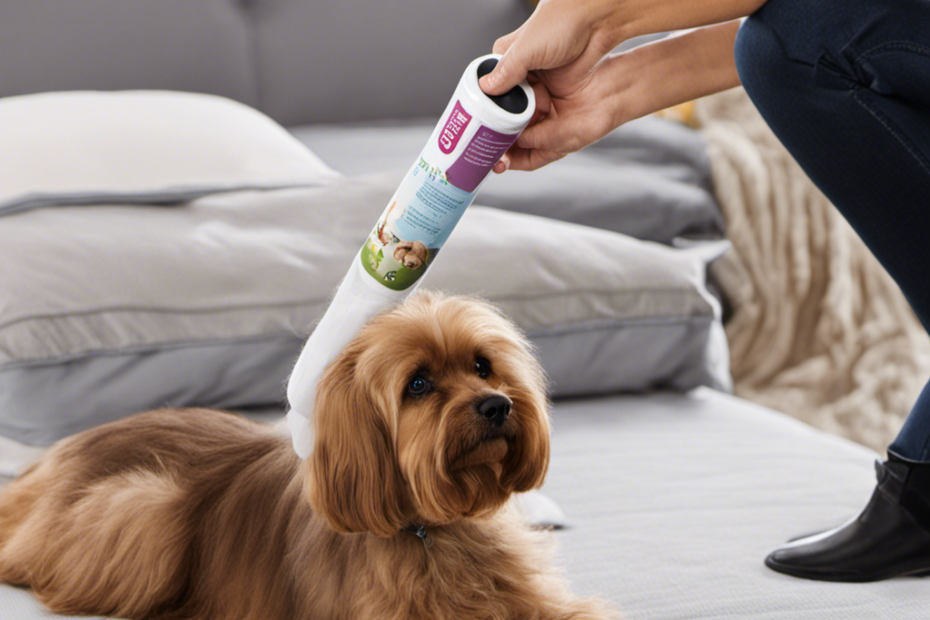 An image showcasing a person using a lint roller to effortlessly remove pet hair from a cozy comforter at home