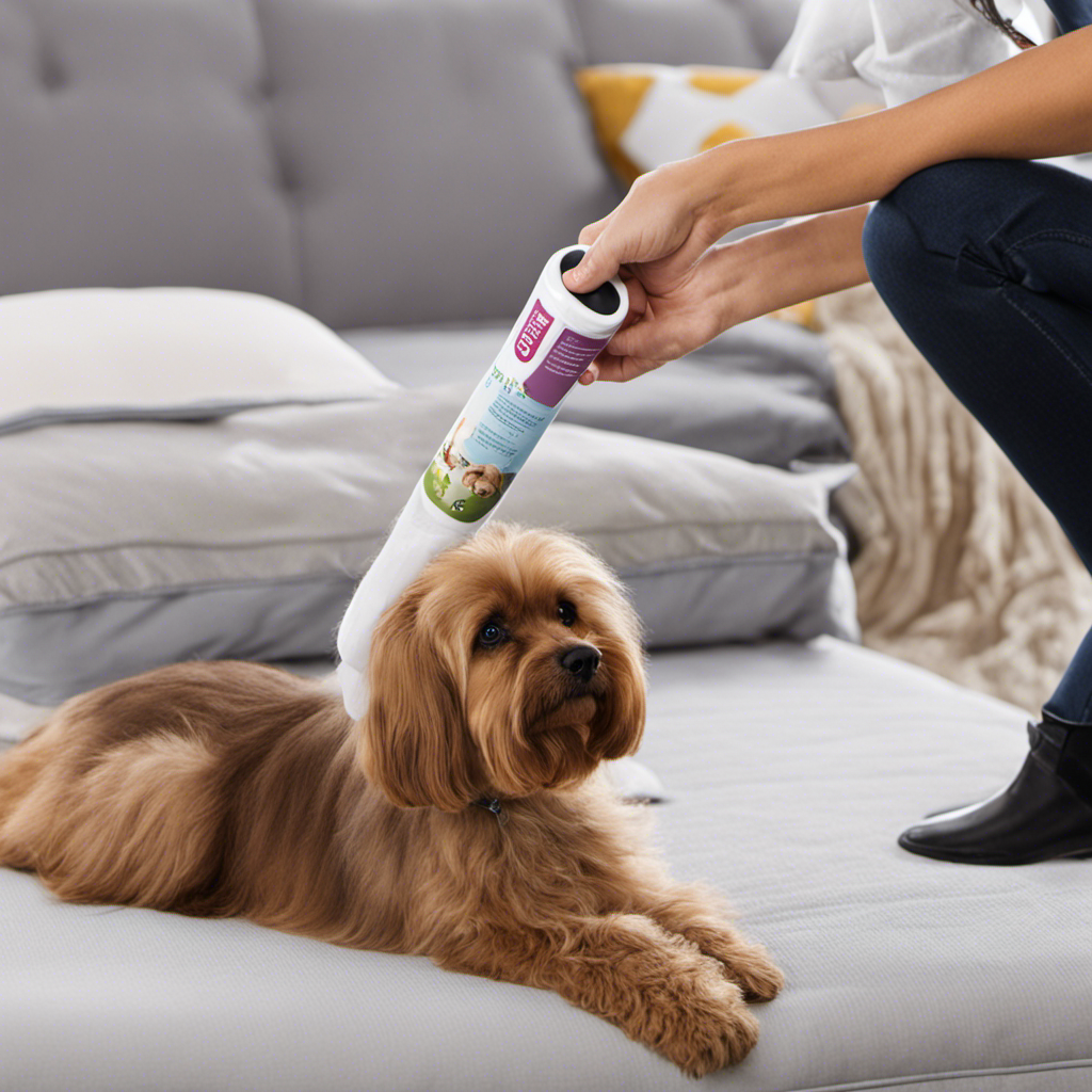An image showcasing a person using a lint roller to effortlessly remove pet hair from a cozy comforter at home