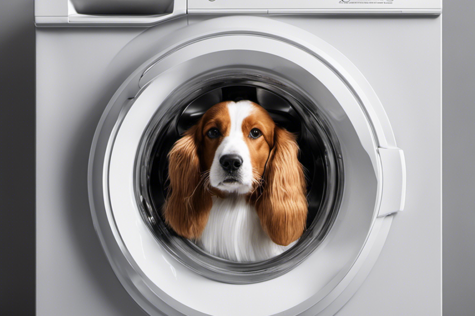 An image showcasing a washing machine filled with water, clothes, and pet hair
