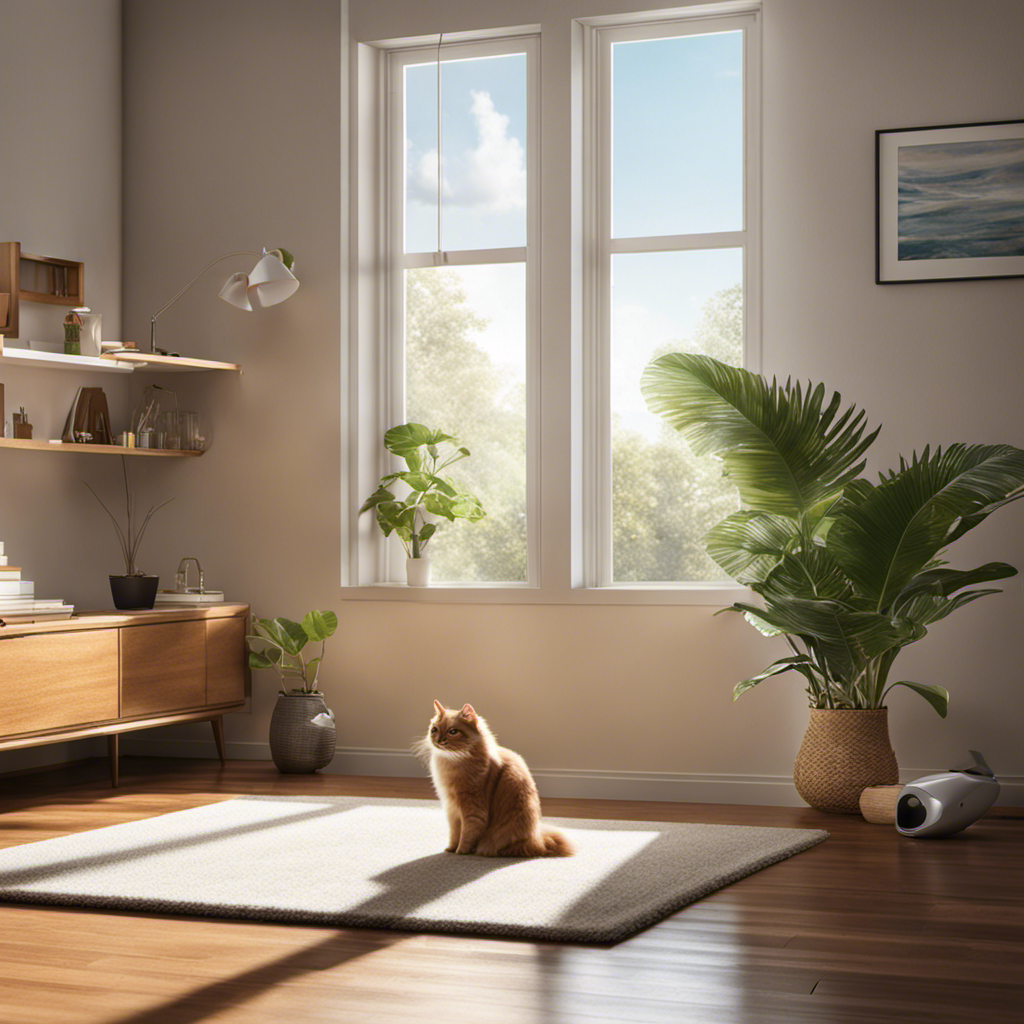 An image showcasing a room with a sunlit window, where a pet's fur floats in the air
