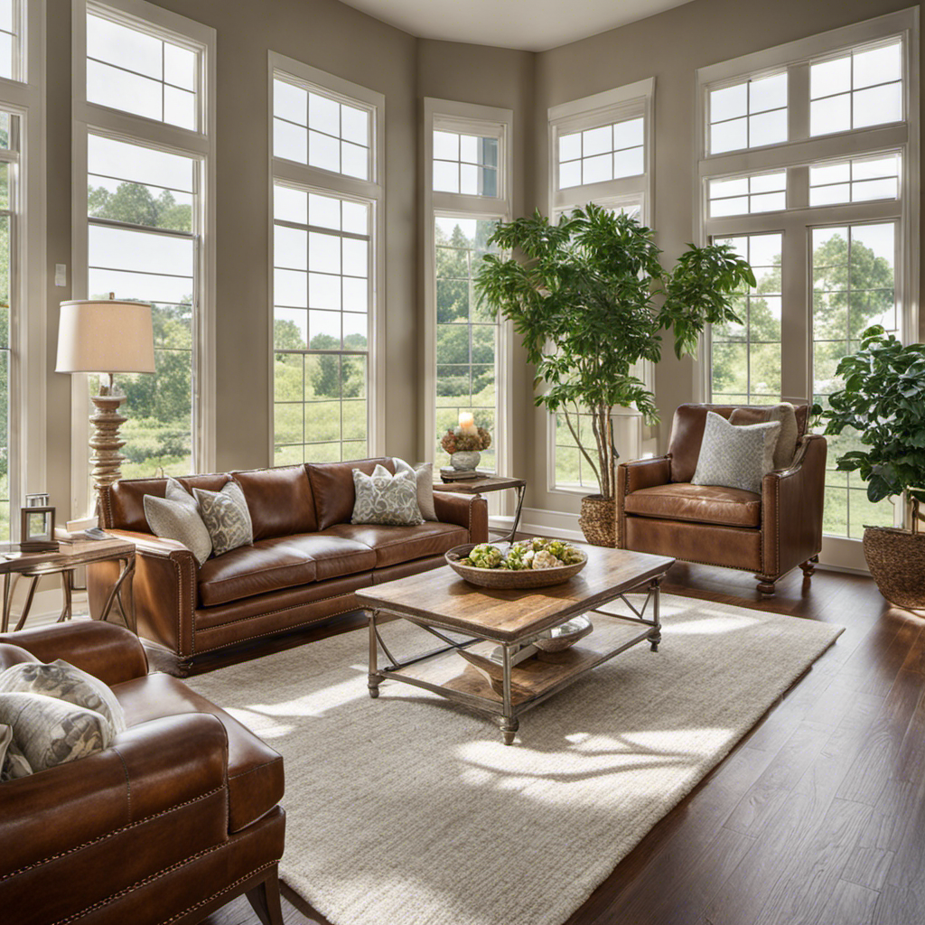 An image that showcases a clean, pristine living room with sunlight streaming through spotless windows