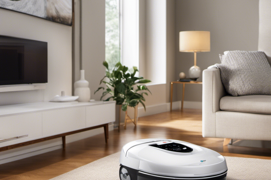 An image depicting a spotless, allergen-free living space, showcasing a gleaming hardwood floor, vacuum cleaner with pet hair inside, a purifier removing dander particles from the air, and a brand-new pet bed, all bathed in soft, natural light