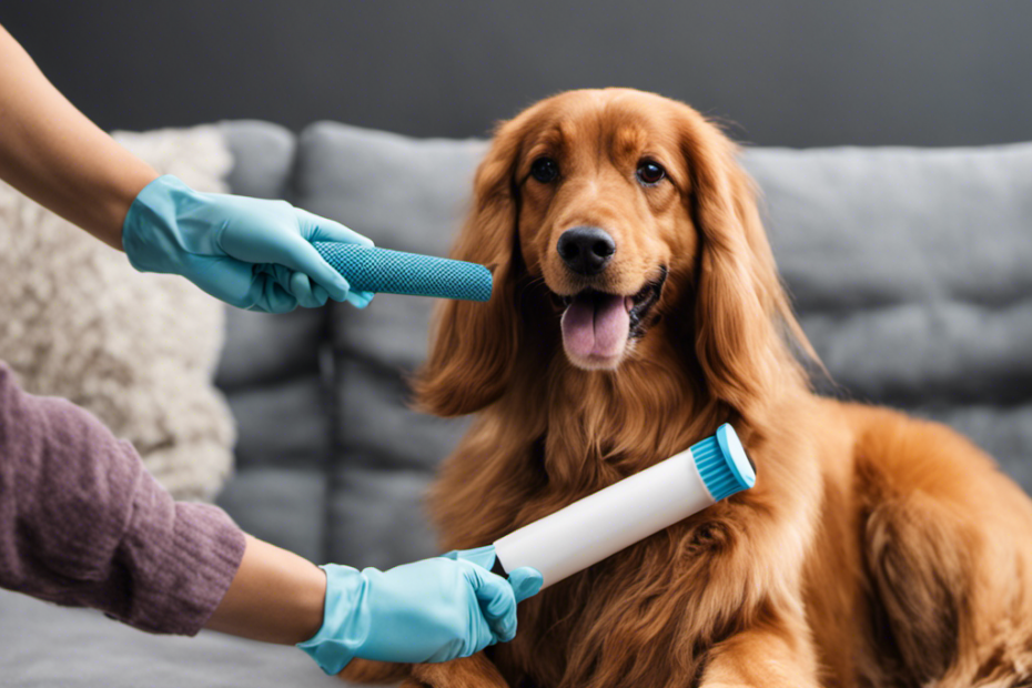 An image showcasing a person wearing rubber gloves, using a lint roller to remove pet hair from a plush couch