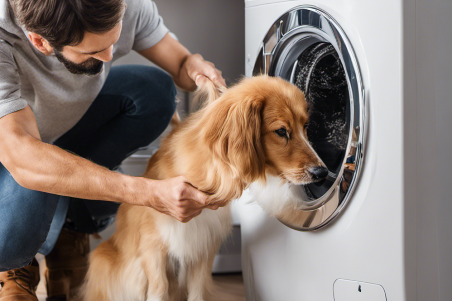 An image showcasing a step-by-step process of removing pesky pet hair from the inside of a washer