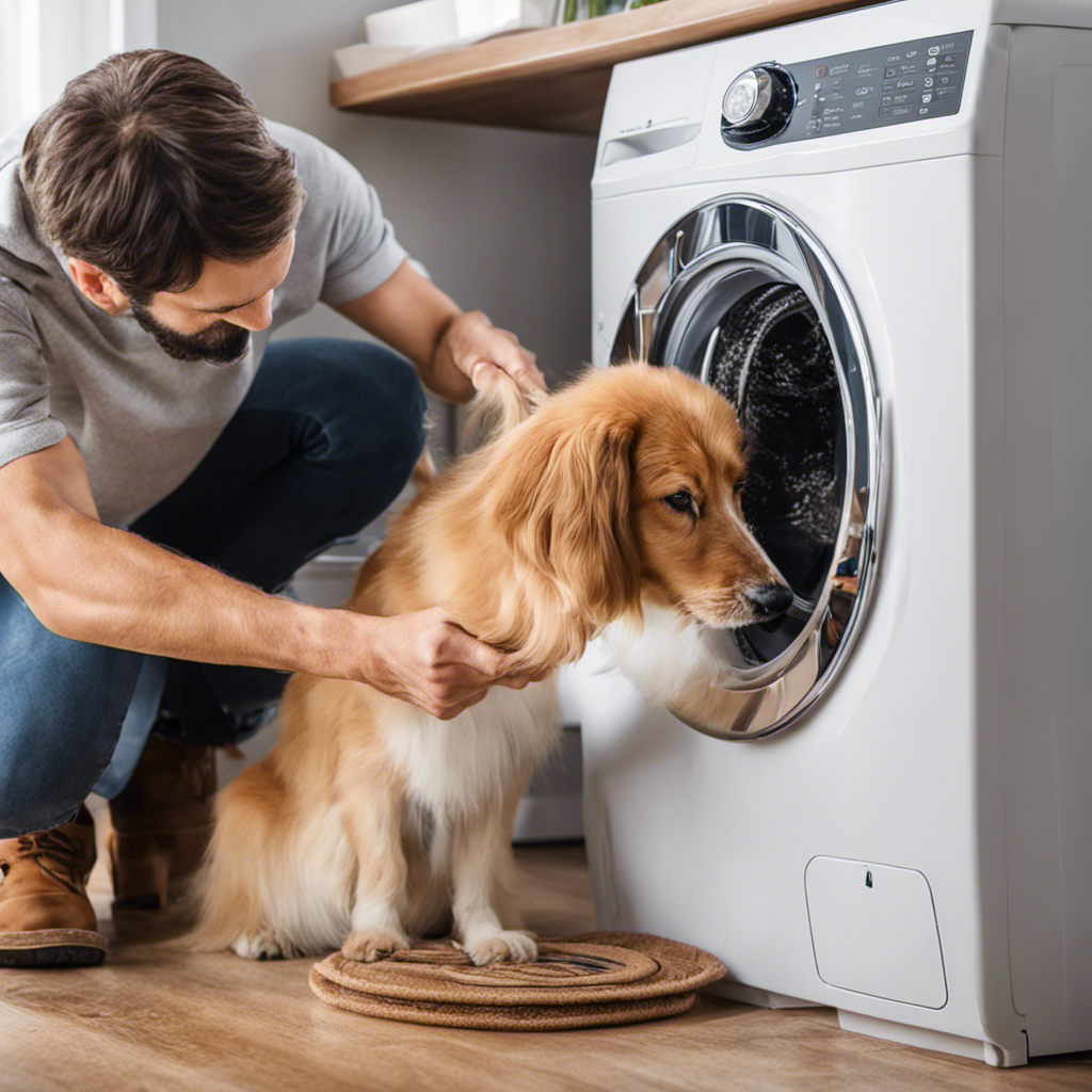 An image showcasing a step-by-step process of removing pesky pet hair from the inside of a washer
