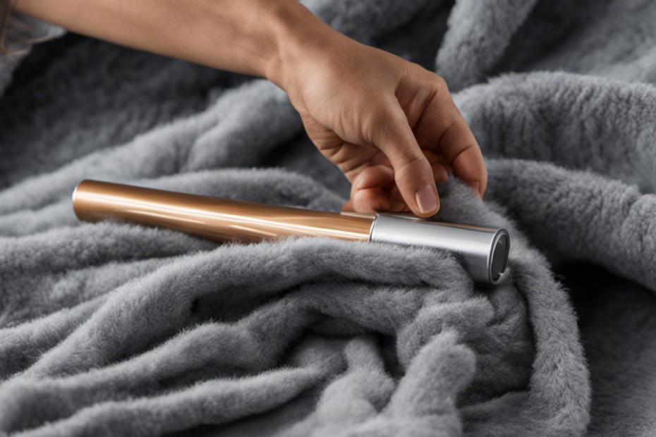 An image capturing a hand holding a lint roller, swiftly removing an abundance of pet hair from a cozy fleece blanket