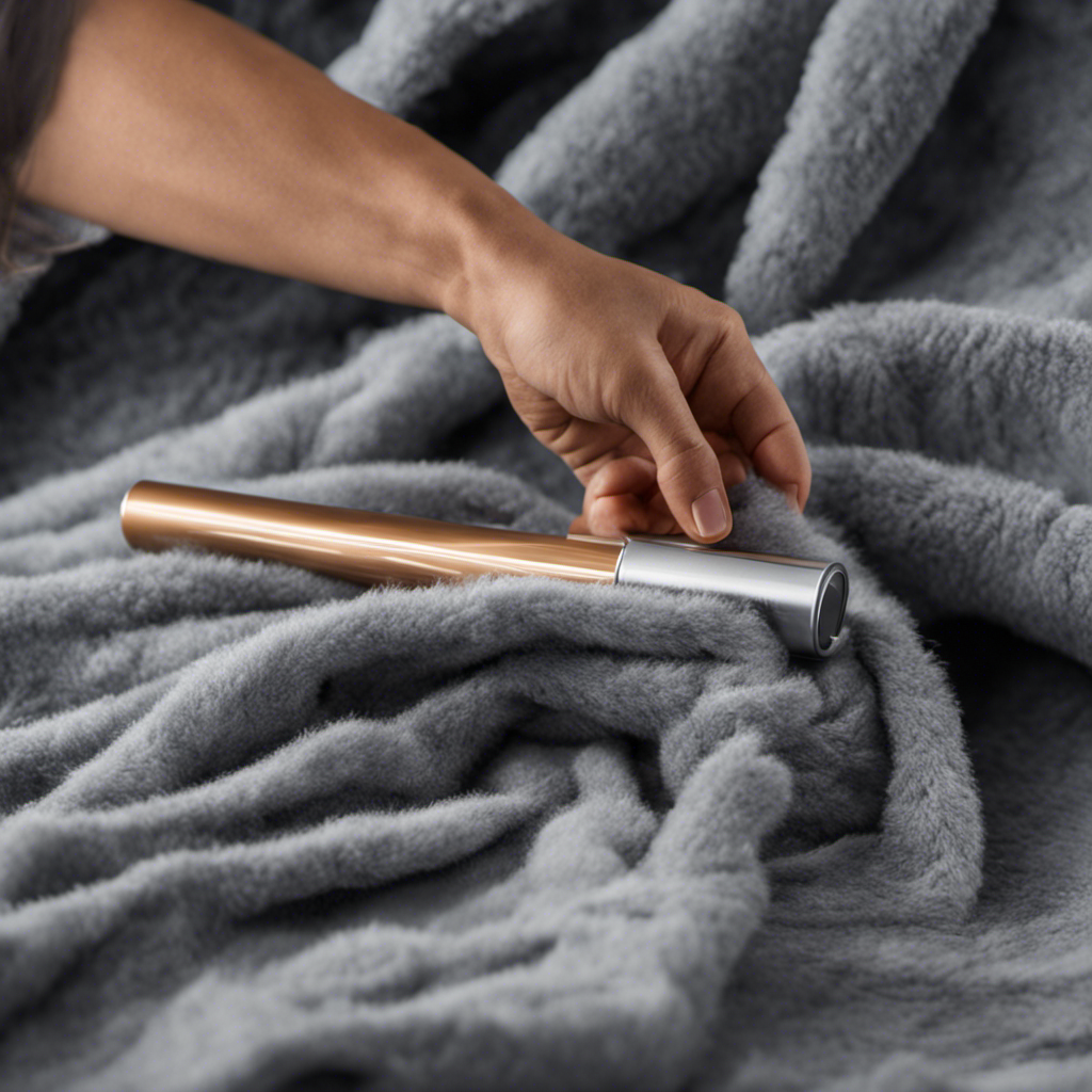 An image capturing a hand holding a lint roller, swiftly removing an abundance of pet hair from a cozy fleece blanket