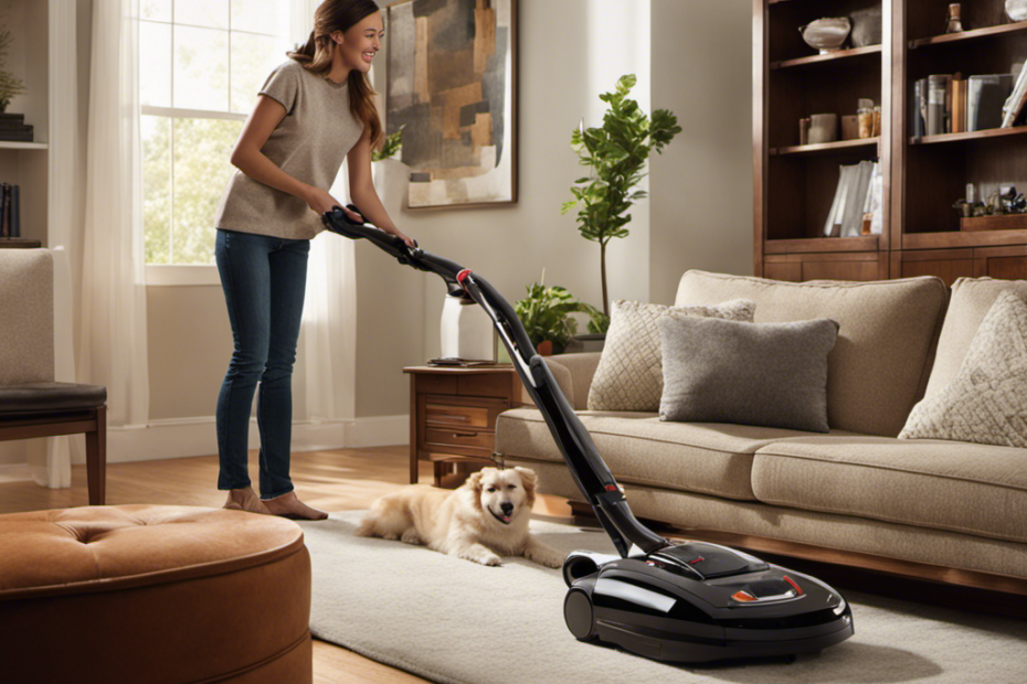 An image showcasing a well-lit living room with a vacuum cleaner in action, effortlessly sucking up clumps of fluffy pet hair from a plush couch, while a happy pet owner smiles in the background