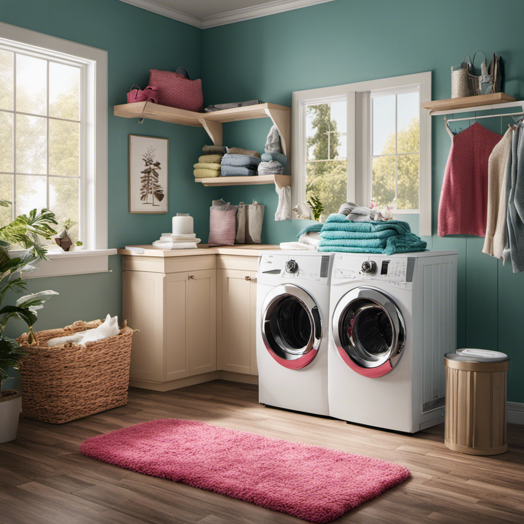 An image featuring a vibrant laundry room with a pile of freshly washed clothes covered in pet hair