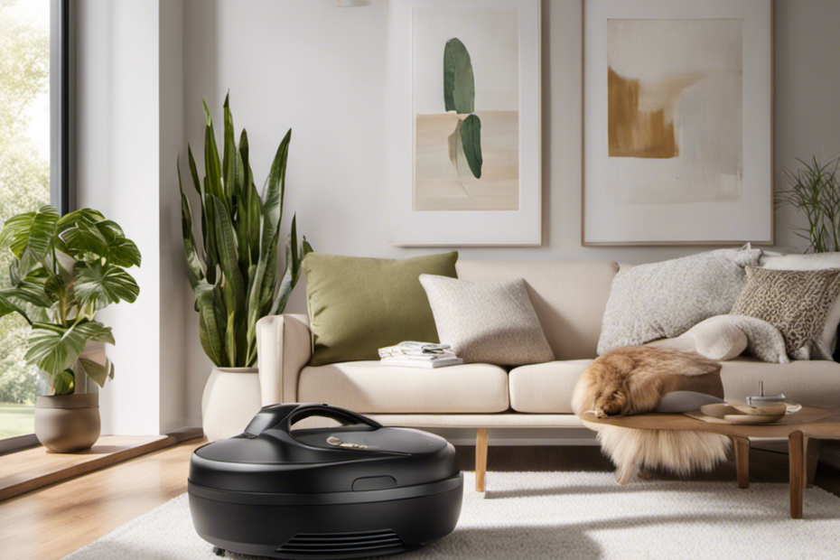 An image showcasing a clean, fur-free living room: a handheld vacuum gliding effortlessly over a plush sofa, capturing stray pet hairs; a spotless, fur-free carpet enhanced by natural sunlight streaming through a clean window