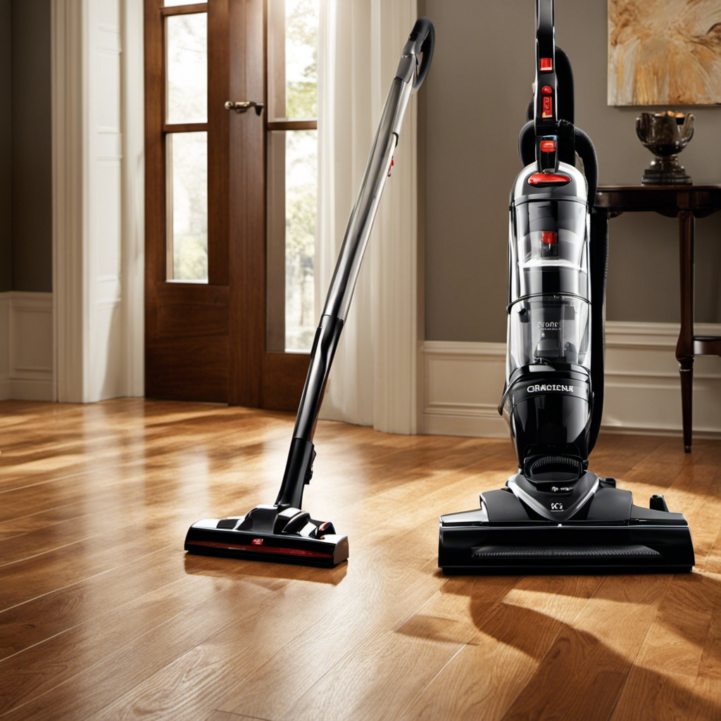 An image showcasing a gleaming hardwood floor with a high-powered vacuum cleaner effortlessly sucking up clumps of pet hair