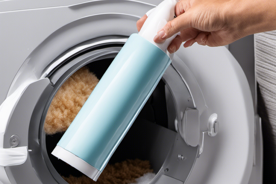 An image featuring a person using a lint roller to remove pet hair from the inside of a dryer drum