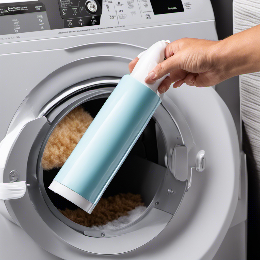 An image featuring a person using a lint roller to remove pet hair from the inside of a dryer drum