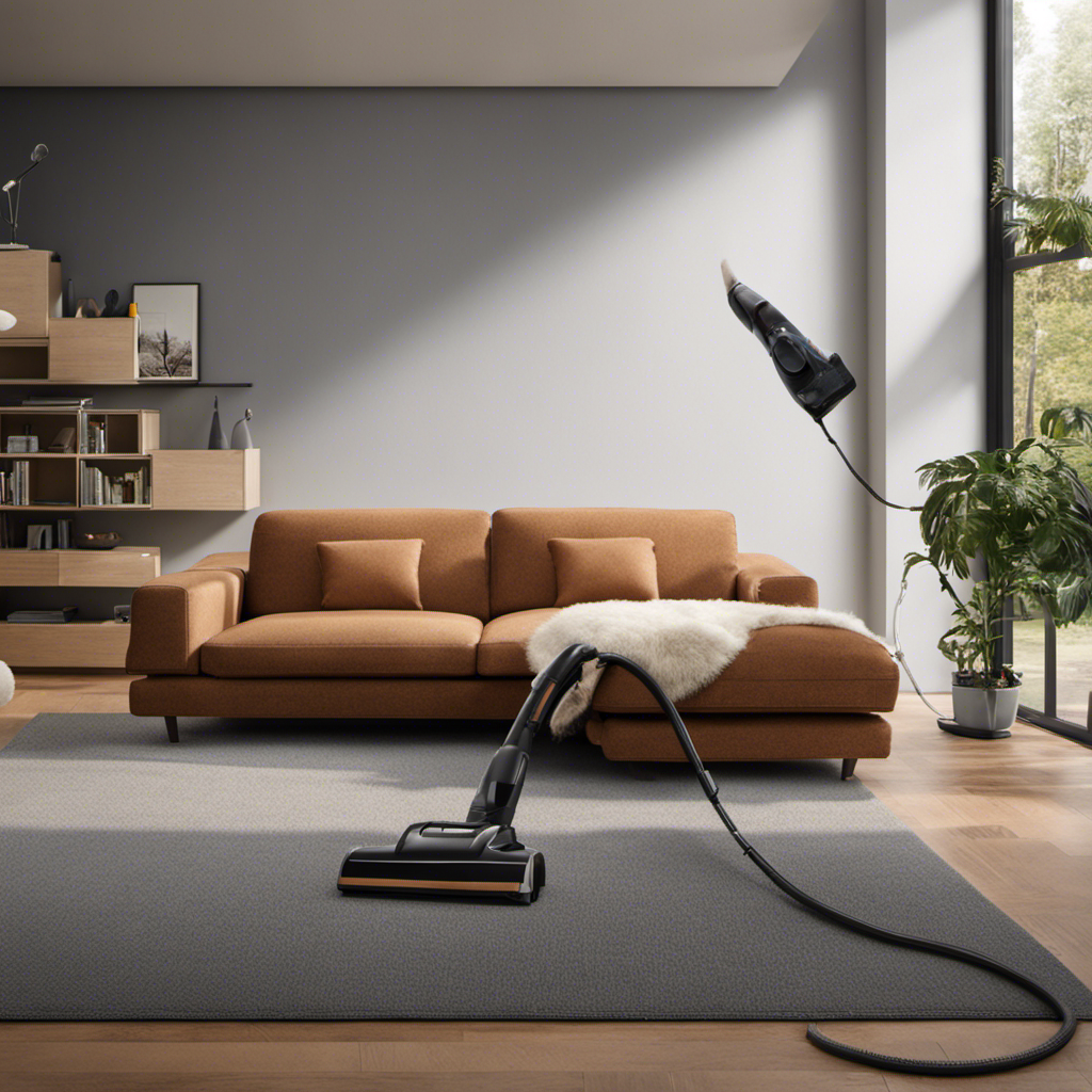 An image showcasing a person vigorously vacuuming their couch, with pet hair flying off in all directions