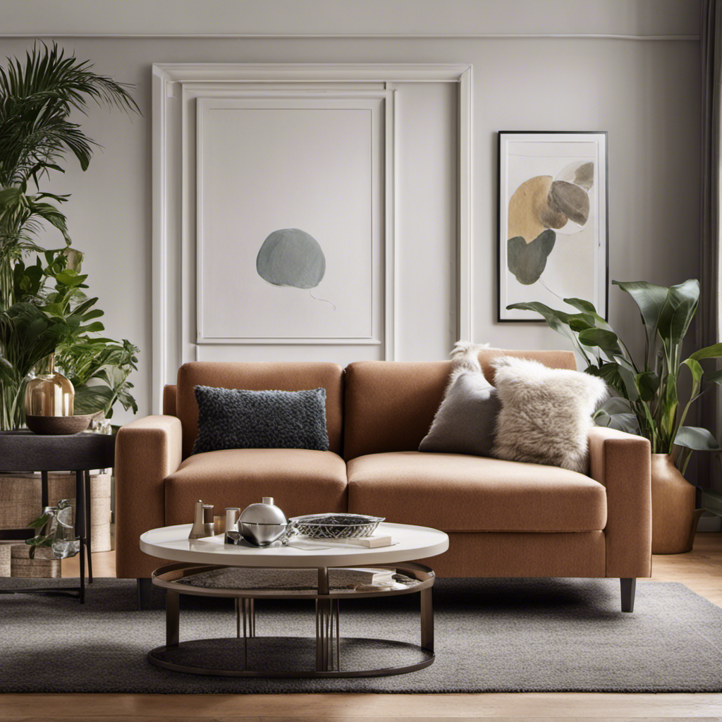 An image showcasing a cozy living room with a sleek, fur-free couch