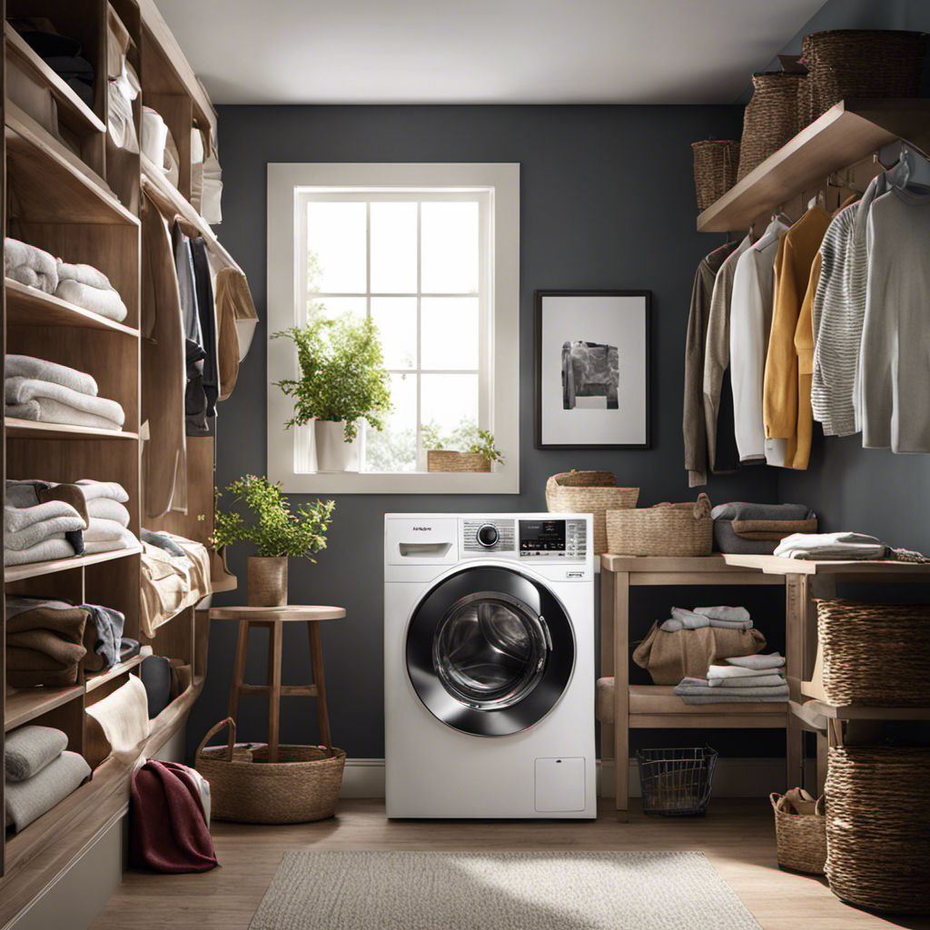 An image showcasing a laundry room scene with a washing machine filled with clothes covered in pet hair
